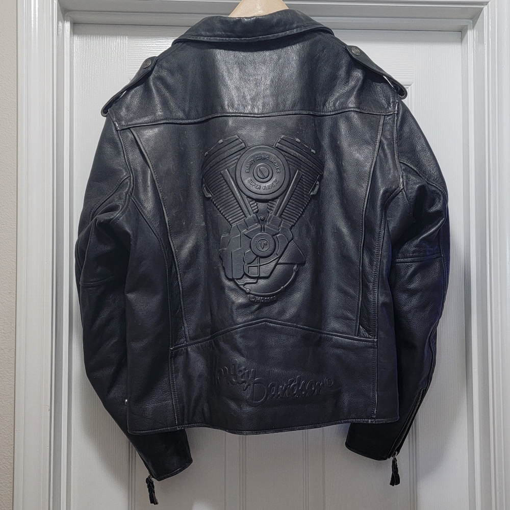 VTG 80s Harley Davidson Embossed V-Twin Super Glide II Black‎ Leather Jacket XL